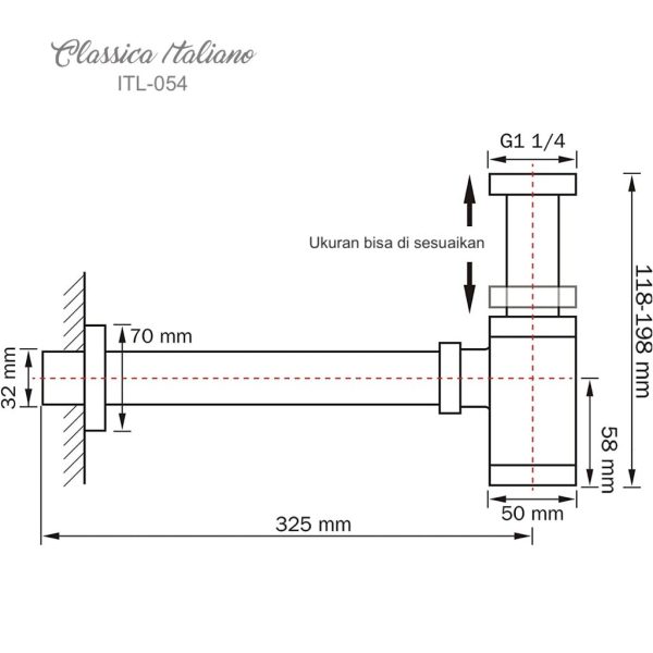 ITL-054BK-siphon-stainles-hitam-Classica-Italiano-sketch Siphon wastafel bottle trap stainles Classica Italiano ITL-054